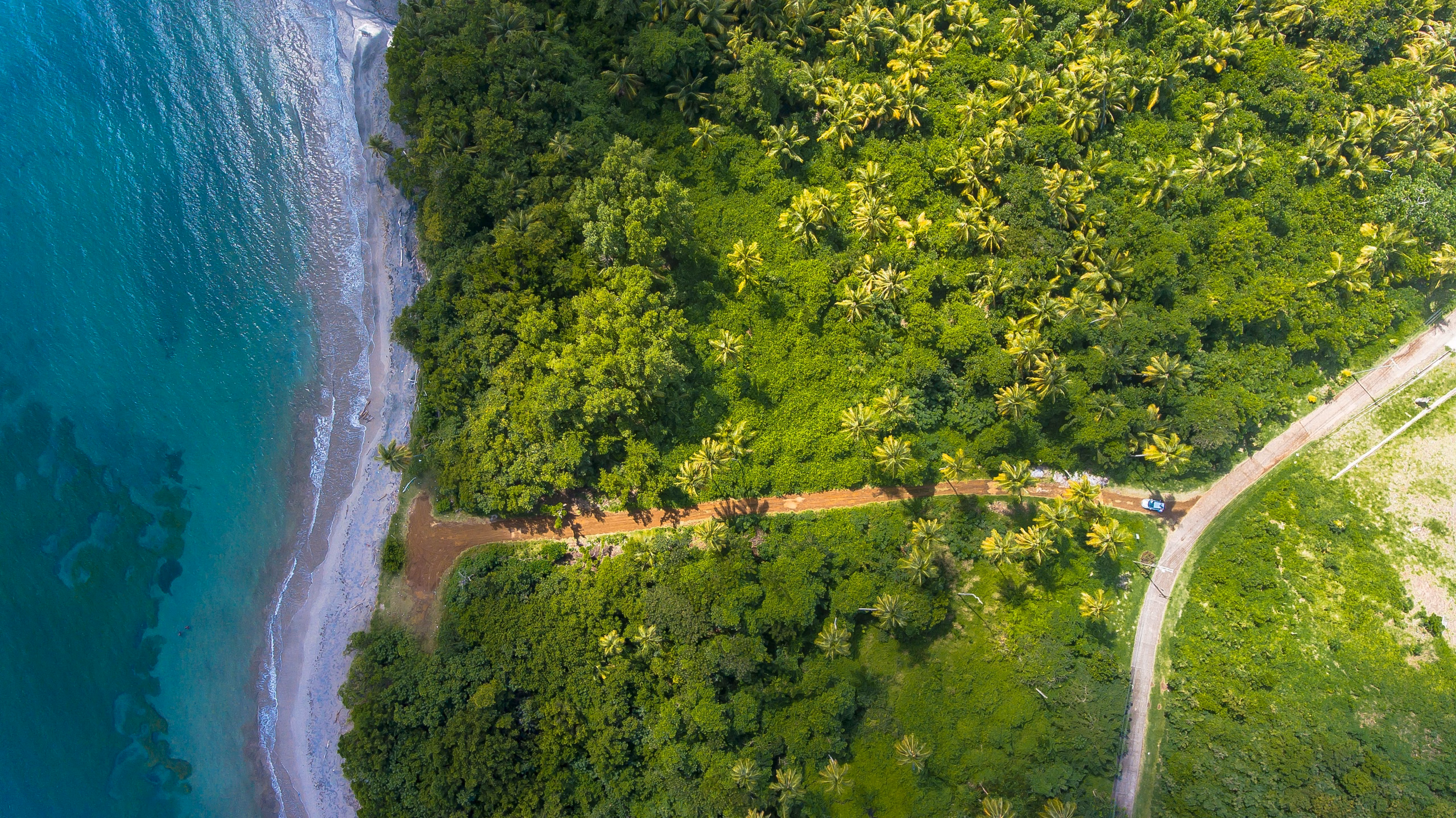 An aerial photo of a lush, green coastline with a dirt road cutting through it toward a small beach with clear, blue water.
